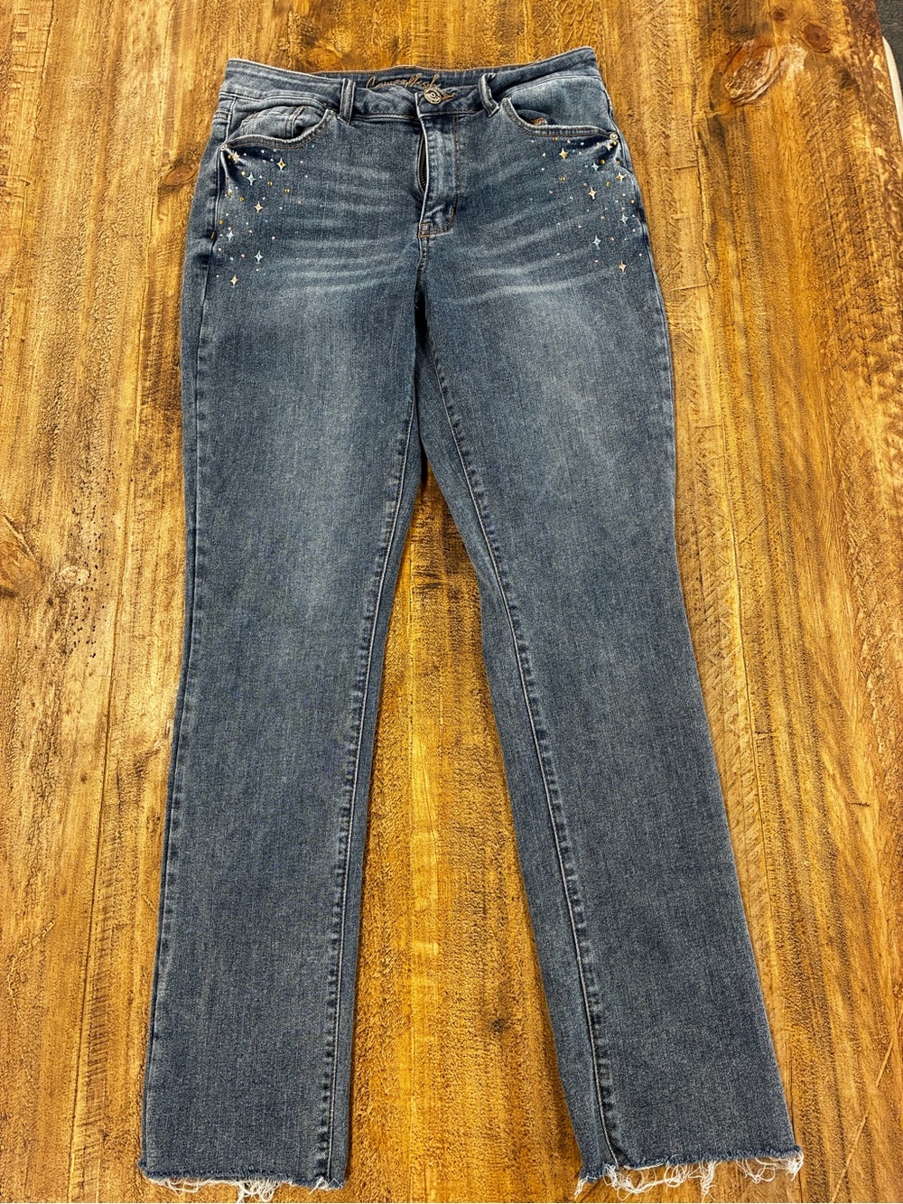 Straight Leg Blue Denim Jeans with Subtle Star Embellishment